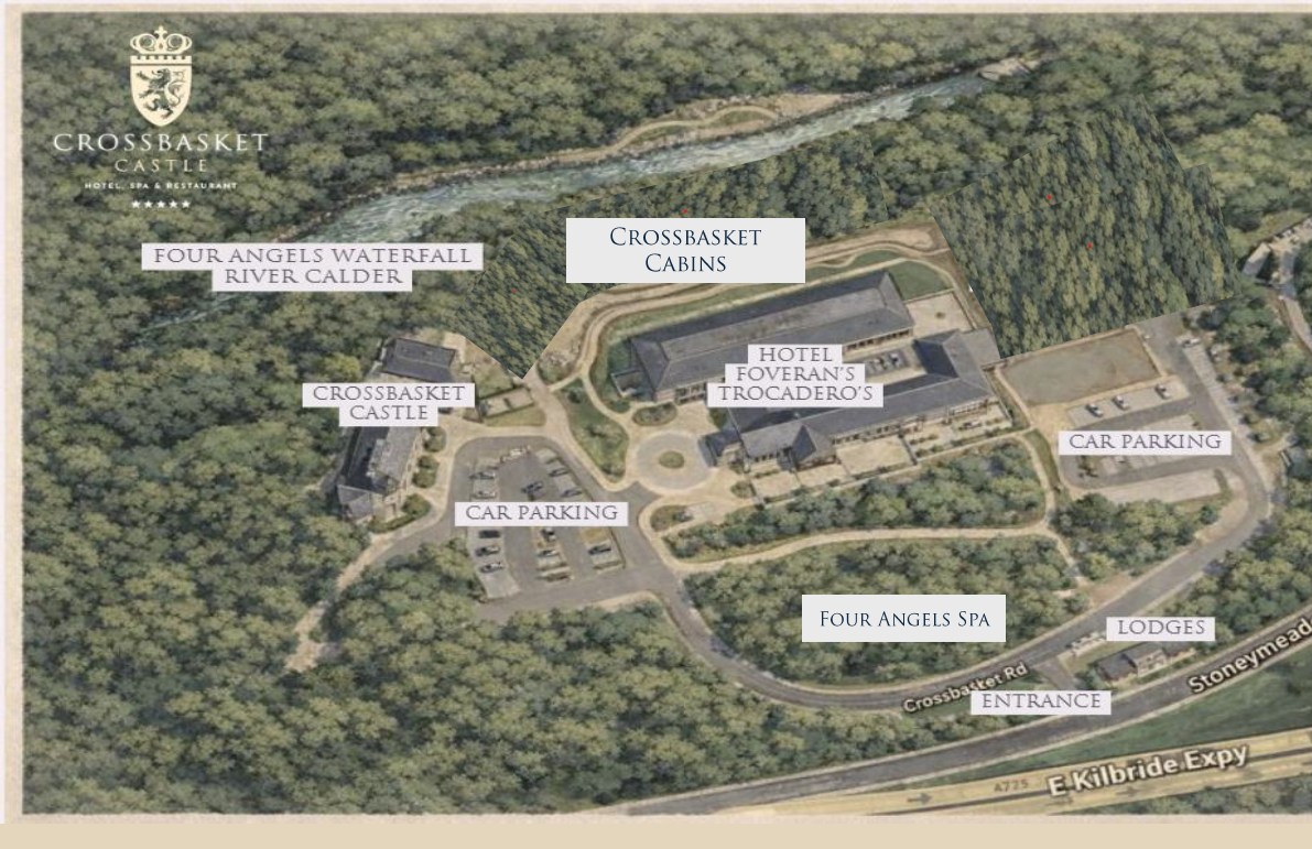 Aerial map of the Crossbasket Castle estate showing the castle, hotel with Foveran's and Trocadero's, Crossbasket Cabins, Four Angels Spa, lodges, car parking and the River Calder